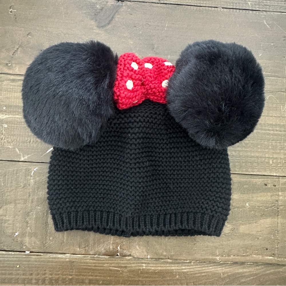 Disney Baby Knit Minnie Mouse Beanie – Black with Ears & Red Bow (6–12M)